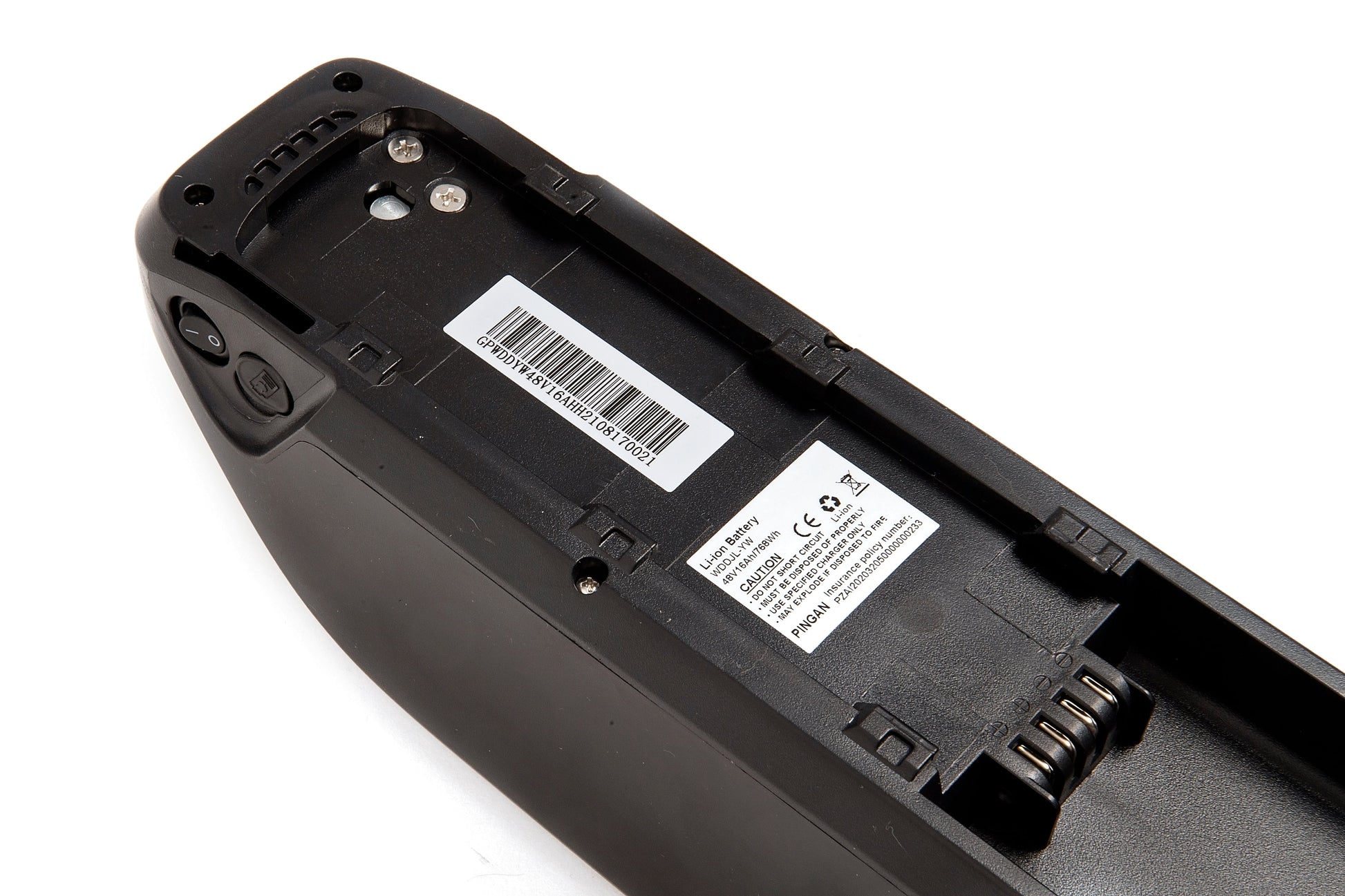48v eBike battery with serial number and barcode laid out diagonally on white background